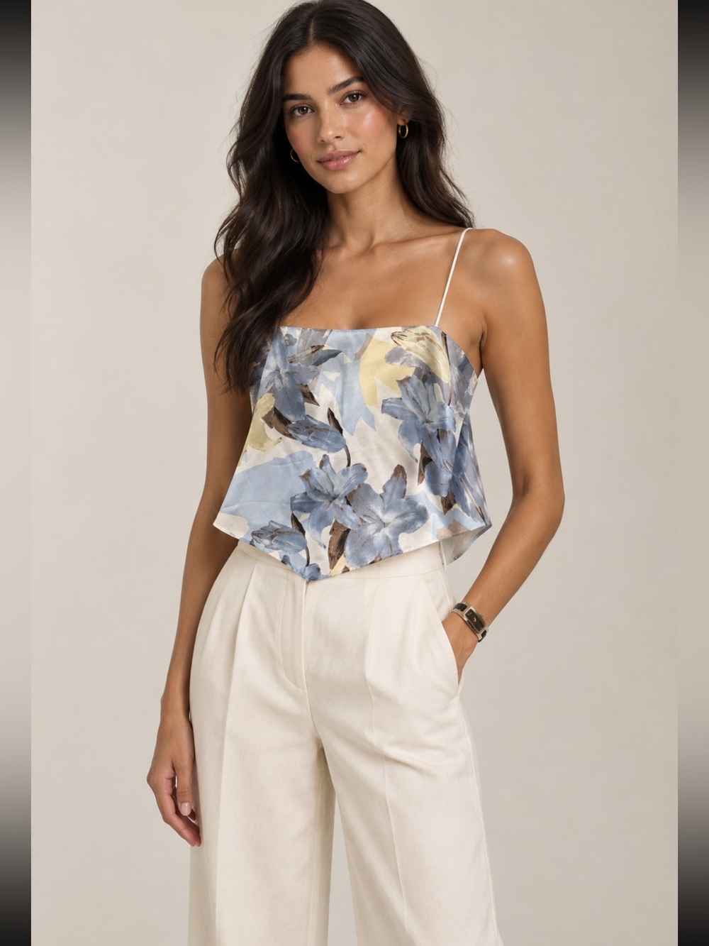 Floral Handkerchief Hem Cami Top in Blue and Cream
